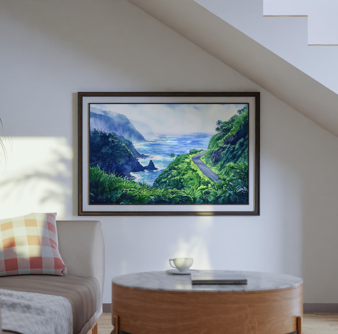 Road to Hana Hawaii Watercolor Poster Maui Travel Print Landscape Painting Tropical Wall Art Coastal Souvenir