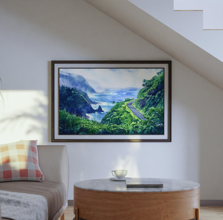 Road to Hana Hawaii Watercolor Poster Maui Travel Print Landscape Painting Tropical Wall Art Coastal Souvenir