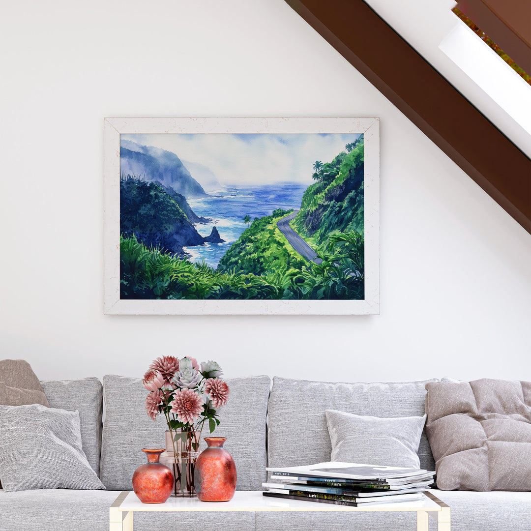 Road to Hana Hawaii Watercolor Poster Maui Travel Print Landscape Painting Tropical Wall Art Coastal Souvenir