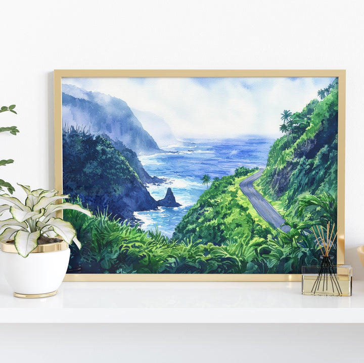 Road to Hana Hawaii Watercolor Poster Maui Travel Print Landscape Painting Tropical Wall Art Coastal Souvenir