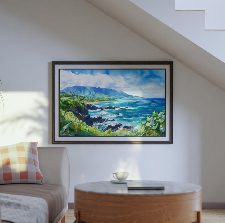 Maui Hawaii Watercolor Poster Maui Travel Print Island Landscape Painting Coastal Wall Art Tropical Paradise Souvenir