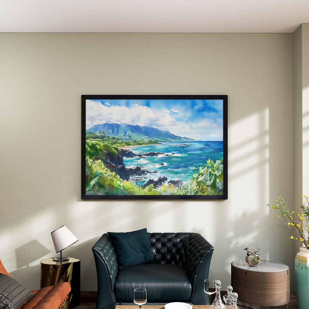 Maui Hawaii Watercolor Poster Maui Travel Print Island Landscape Painting Coastal Wall Art Tropical Paradise Souvenir