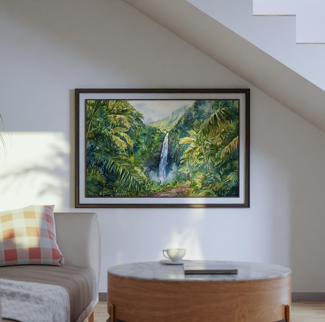 Manoa Falls Hawaii Watercolor Poster Oahu Travel Print Waterfall Landscape Painting Tropical Wall Art Island Souvenir