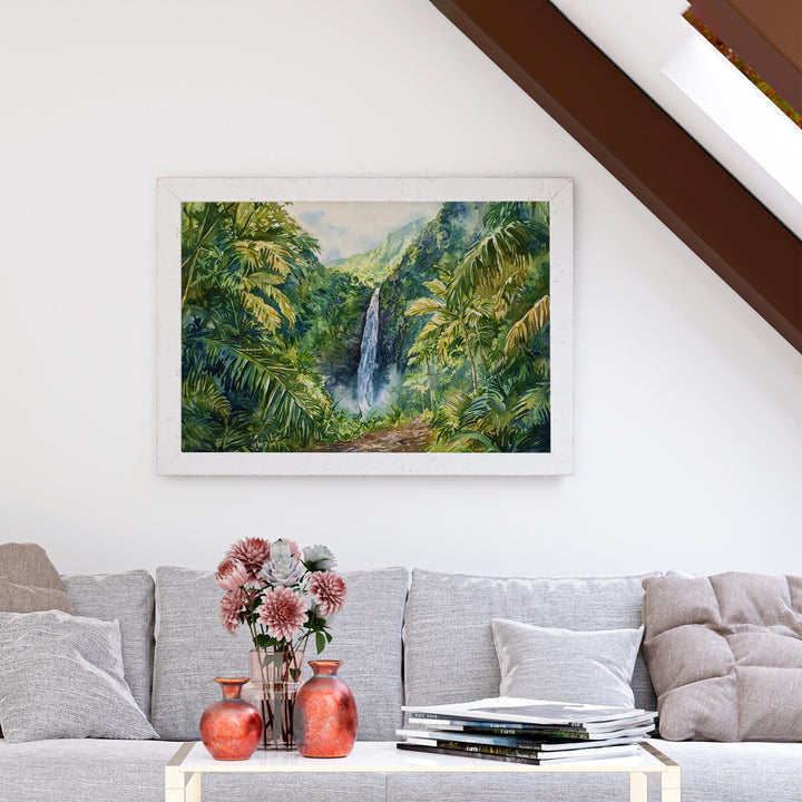 Manoa Falls Hawaii Watercolor Poster Oahu Travel Print Waterfall Landscape Painting Tropical Wall Art Island Souvenir
