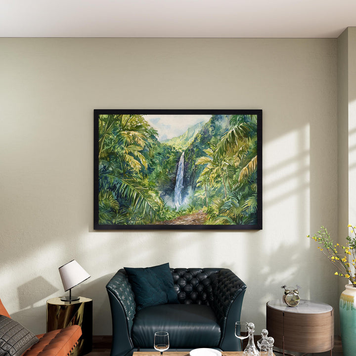 Manoa Falls Hawaii Watercolor Poster Oahu Travel Print Waterfall Landscape Painting Tropical Wall Art Island Souvenir