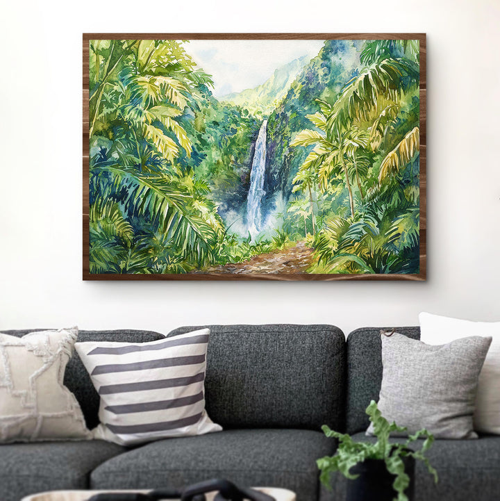 Manoa Falls Hawaii Watercolor Poster Oahu Travel Print Waterfall Landscape Painting Tropical Wall Art Island Souvenir
