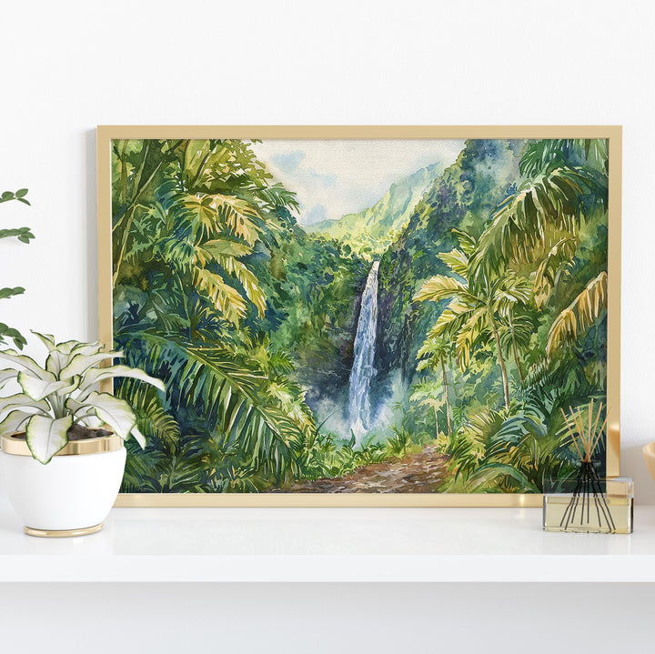 Manoa Falls Hawaii Watercolor Poster Oahu Travel Print Waterfall Landscape Painting Tropical Wall Art Island Souvenir