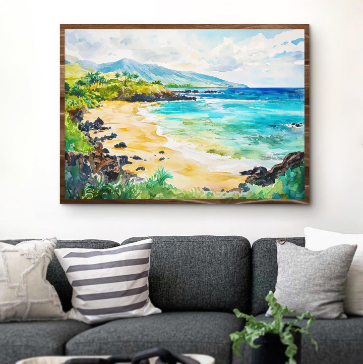 Makena Beach Hawaii Watercolor Poster Maui Travel Print Coastal Landscape Painting Tropical Wall Art Island Souvenir