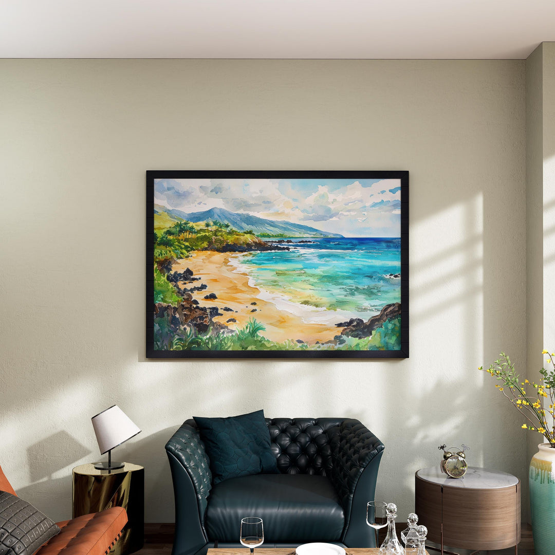 Makena Beach Hawaii Watercolor Poster Maui Travel Print Coastal Landscape Painting Tropical Wall Art Island Souvenir