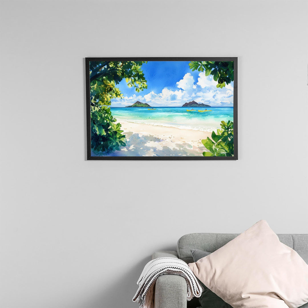 Lanikai Beach Hawaii Watercolor Poster Oahu Travel Print Coastal Landscape Painting Tropical Wall Art Island Souvenir