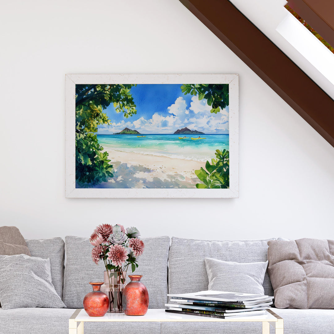 Lanikai Beach Hawaii Watercolor Poster Oahu Travel Print Coastal Landscape Painting Tropical Wall Art Island Souvenir