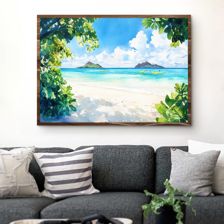 Lanikai Beach Hawaii Watercolor Poster Oahu Travel Print Coastal Landscape Painting Tropical Wall Art Island Souvenir