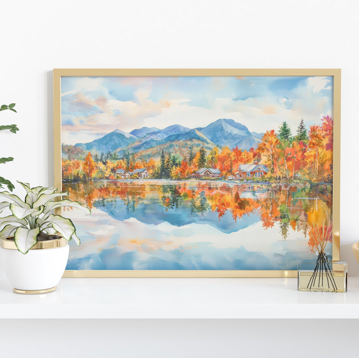 Lake Placid New York Watercolor Poster Adirondacks Travel Print Mountain Landscape Painting Wall Art Upstate Souvenir