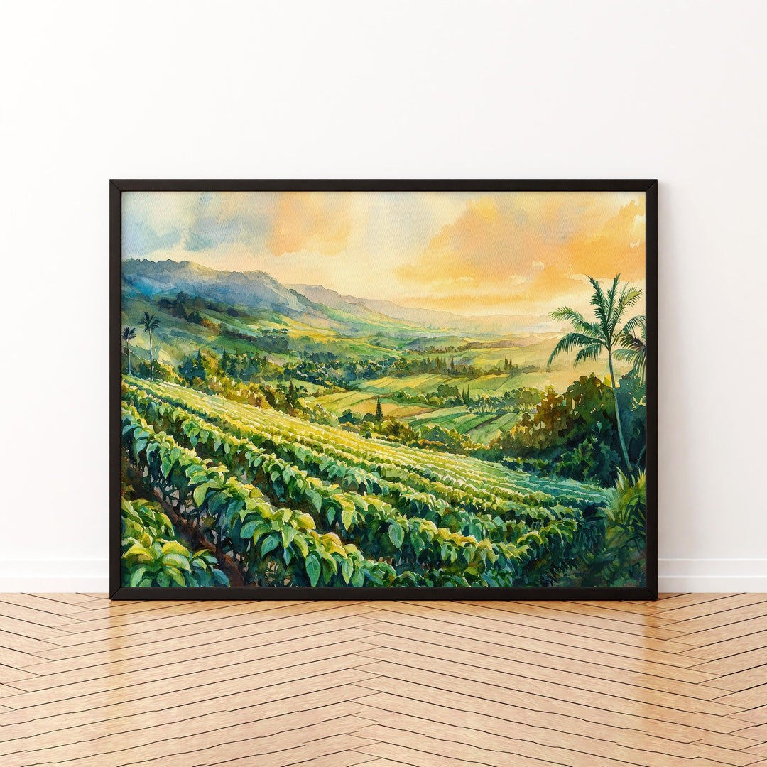 Kona Coffee Country Hawaii Watercolor Poster Big Island Travel Print Landscape Painting Tropical Wall Art Souvenir