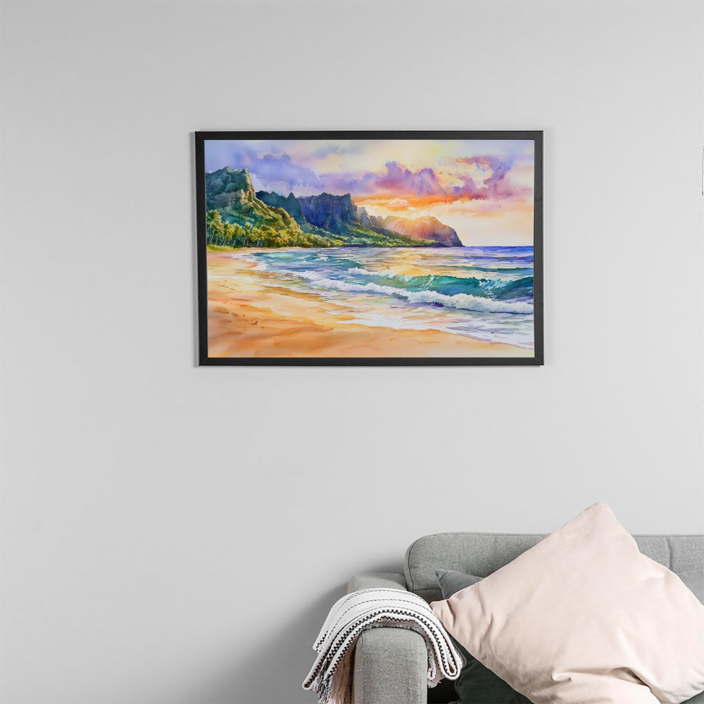 Kauai Hawaii Watercolor Poster Kauai Travel Print Island Landscape Painting Coastal Wall Art Tropical Paradise Souvenir