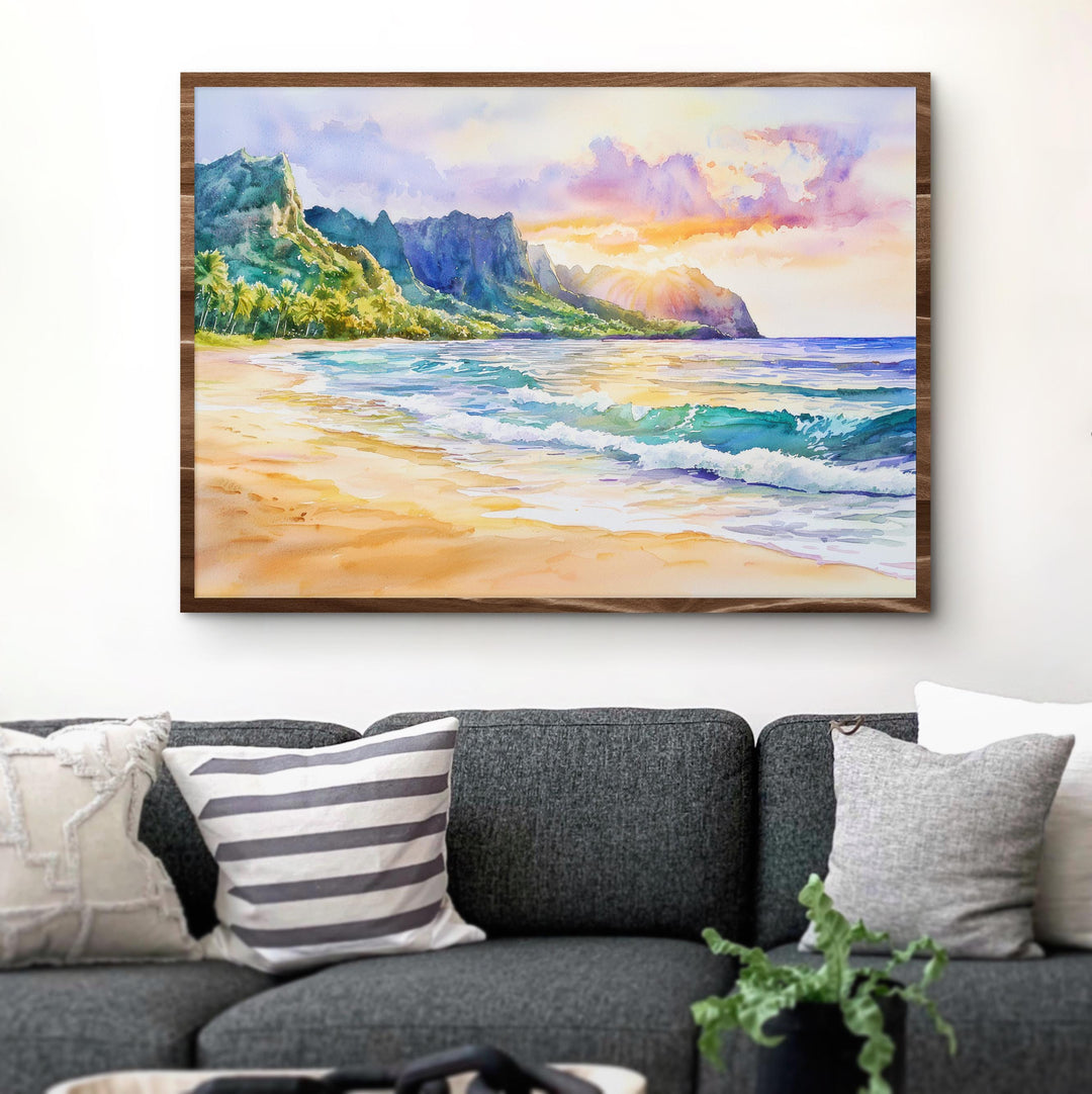 Kauai Hawaii Watercolor Poster Kauai Travel Print Island Landscape Painting Coastal Wall Art Tropical Paradise Souvenir