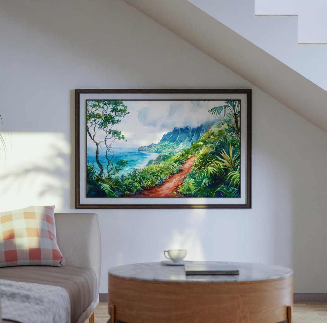 Kalalau Trail Hawaii Watercolor Poster Kauai Travel Print Coastal Landscape Painting Tropical Wall Art Island Souvenir