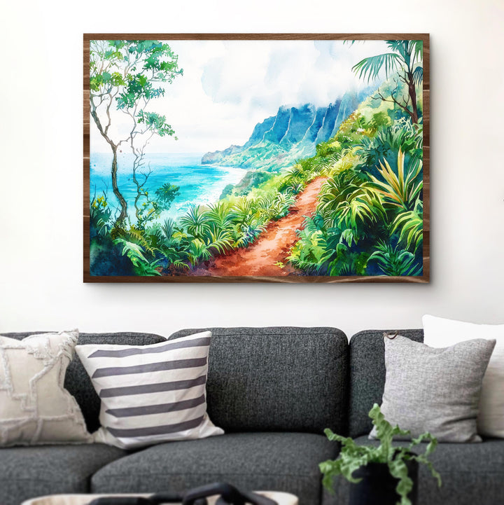 Kalalau Trail Hawaii Watercolor Poster Kauai Travel Print Coastal Landscape Painting Tropical Wall Art Island Souvenir
