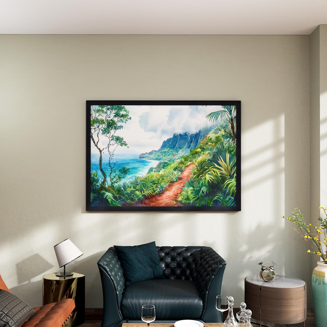 Kalalau Trail Hawaii Watercolor Poster Kauai Travel Print Coastal Landscape Painting Tropical Wall Art Island Souvenir