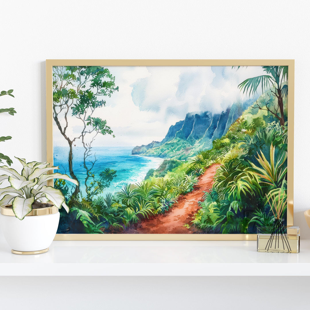 Kalalau Trail Hawaii Watercolor Poster Kauai Travel Print Coastal Landscape Painting Tropical Wall Art Island Souvenir