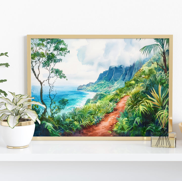 Kalalau Trail Hawaii Watercolor Poster Kauai Travel Print Coastal Landscape Painting Tropical Wall Art Island Souvenir