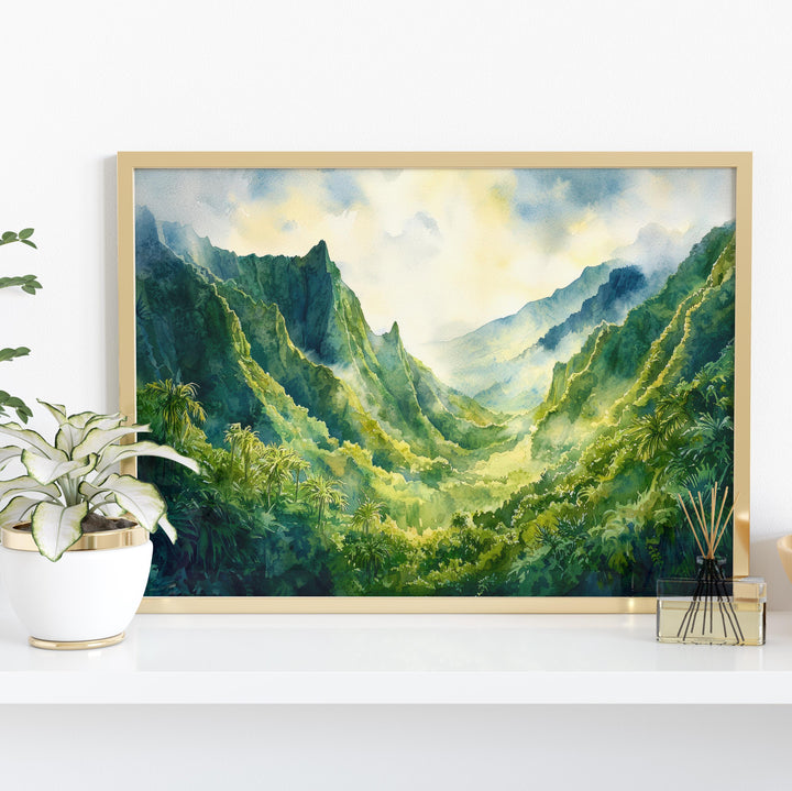 Iao Valley State Park Hawaii Watercolor Poster Maui Travel Print Landscape Painting Tropical Wall Art Island Souvenir