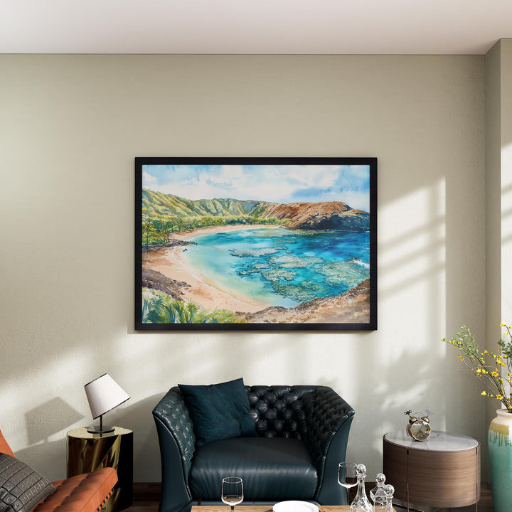 Hanauma Bay Nature Preserve Hawaii Watercolor Poster Oahu Travel Print Coastal Landscape Painting Tropical Wall Art Souvenir