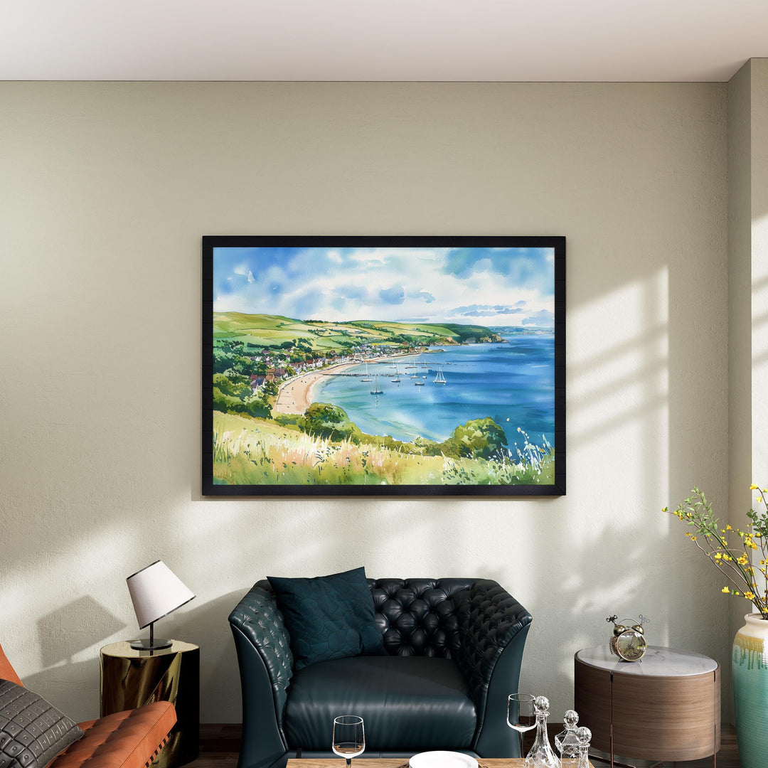 Swanage England Watercolor Poster Swanage Travel Print Dorset Coast Painting Seaside Town Wall Art UK Souvenir