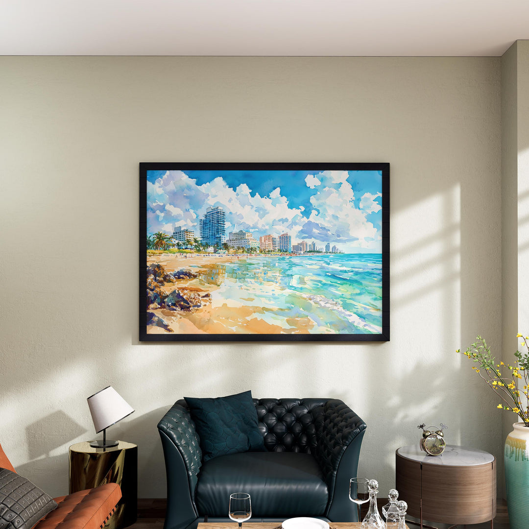South Beach Miami Watercolor Poster South Beach Travel Print Florida Coast Painting Ocean Drive Wall Art USA Souvenir
