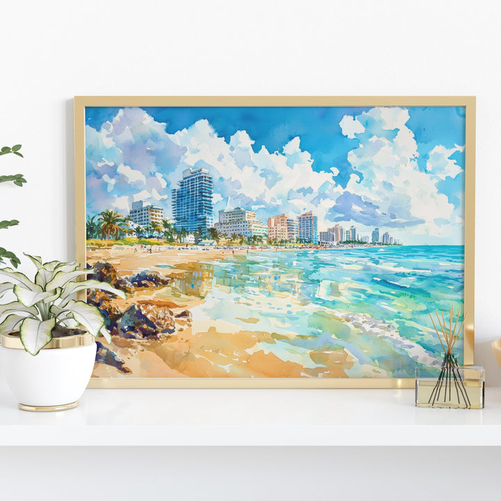 South Beach Miami Watercolor Poster South Beach Travel Print Florida Coast Painting Ocean Drive Wall Art USA Souvenir