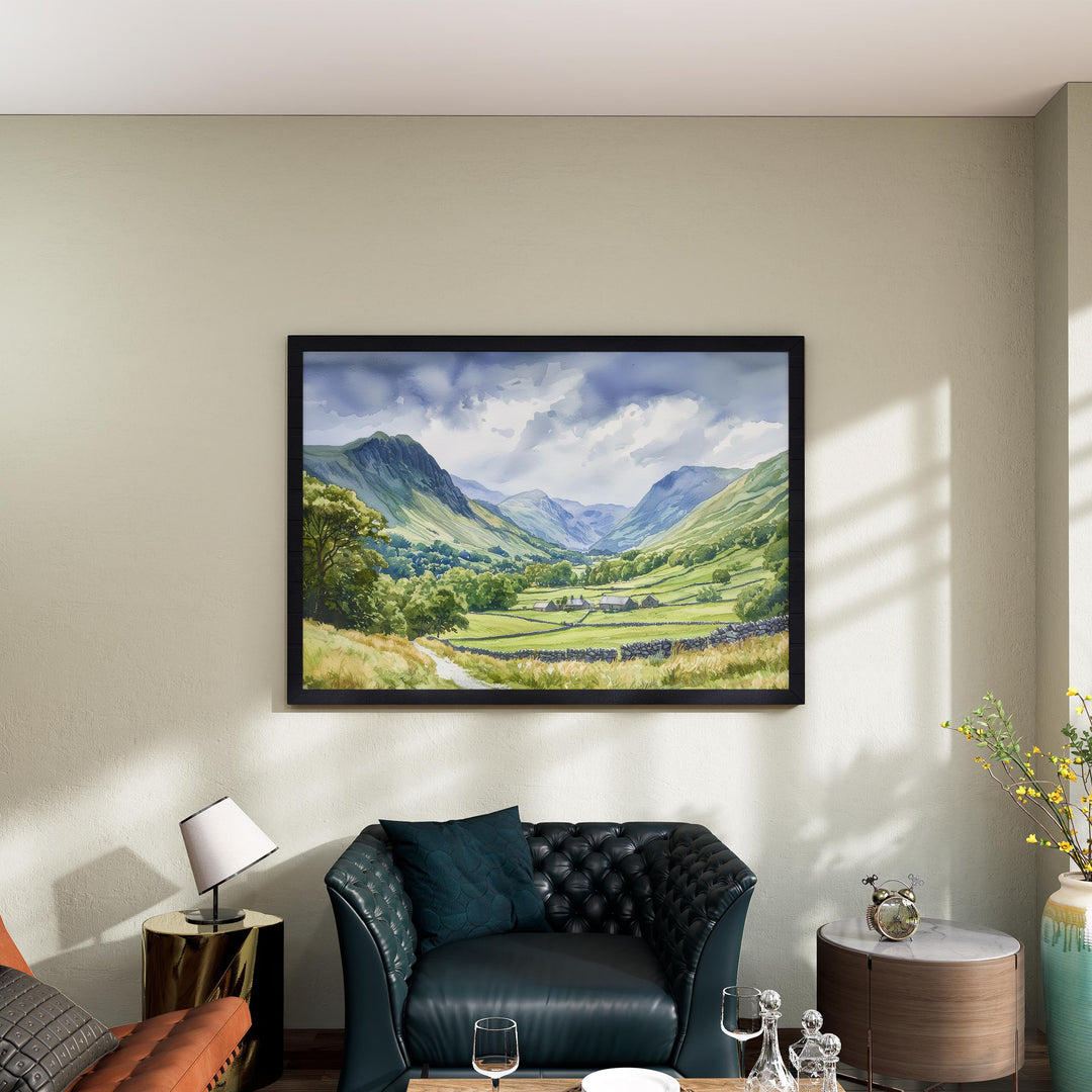 Great Langdale England Watercolor Poster Great Langdale Travel Print Lake District Painting Mountain Valley Wall Art UK Souvenir