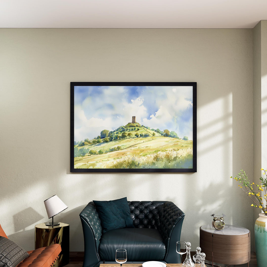 Glastonbury England Watercolor Poster Glastonbury Travel Print Somerset Town Painting Tor Hill Wall Art UK Souvenir