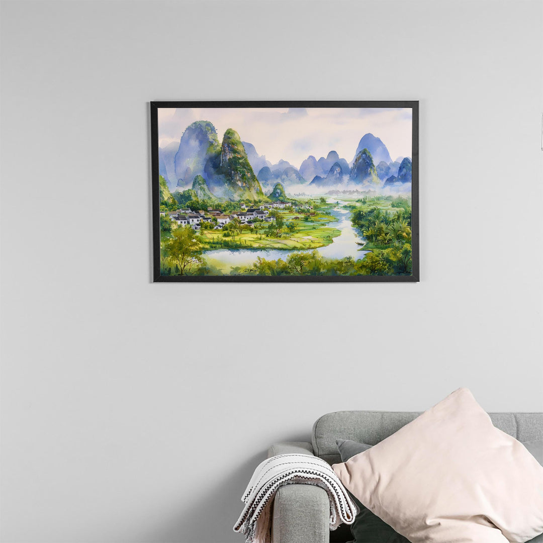 Yangshuo China Watercolor Poster Yangshuo Travel Print Karst Mountain Landscape Painting River Wall Art Souvenir