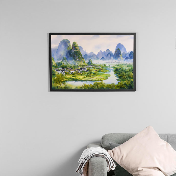 Yangshuo China Watercolor Poster Yangshuo Travel Print Karst Mountain Landscape Painting River Wall Art Souvenir