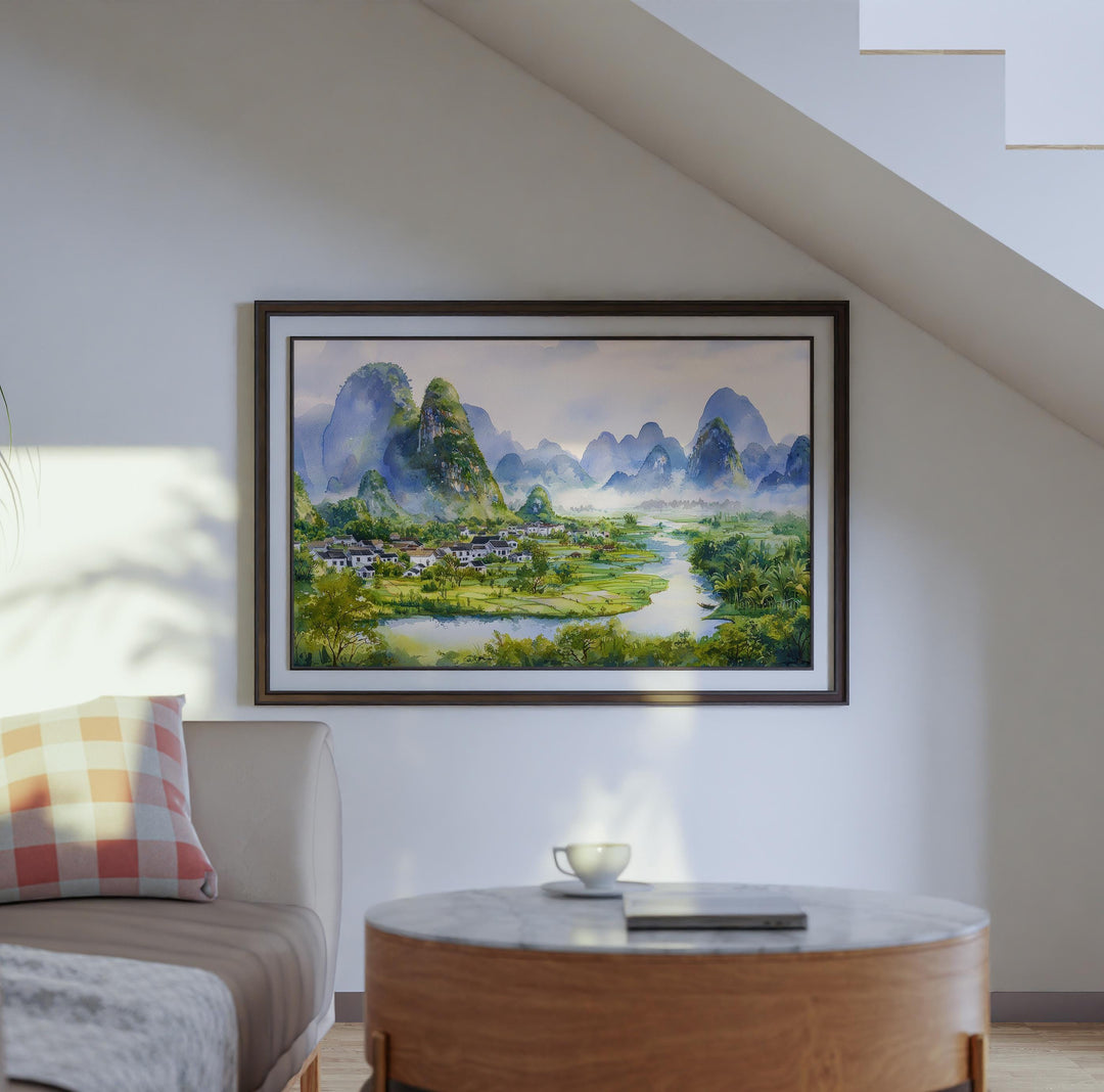 Yangshuo China Watercolor Poster Yangshuo Travel Print Karst Mountain Landscape Painting River Wall Art Souvenir