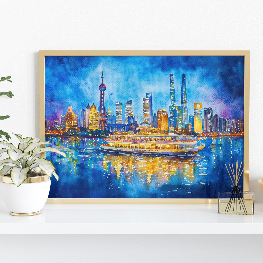 Shanghai China Watercolor Poster Shanghai Travel Print City Skyline Painting Bund River Wall Art Souvenir