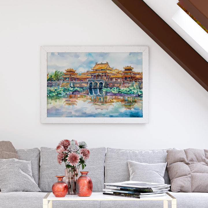 Hue Vietnam Watercolor Poster Hue Travel Print Imperial City Painting Riverside Landscape Wall Art Asia Souvenir