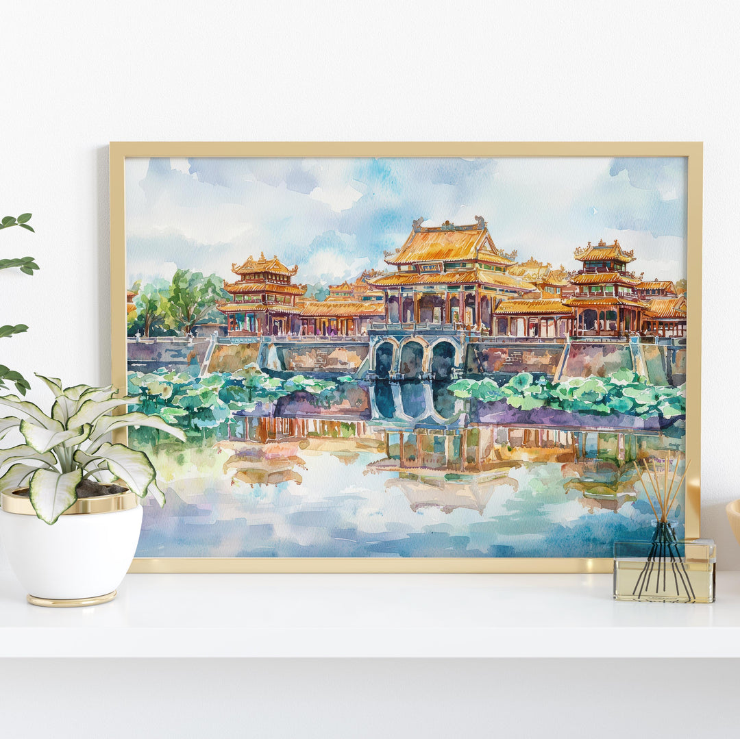 Hue Vietnam Watercolor Poster Hue Travel Print Imperial City Painting Riverside Landscape Wall Art Asia Souvenir