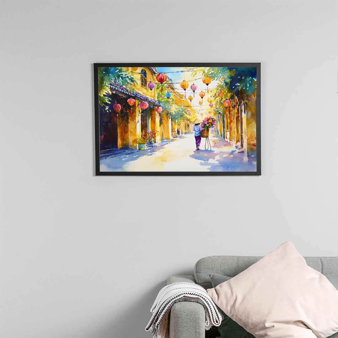 Hoi An Vietnam Watercolor Poster Hoi An Travel Print Lantern Street Painting Riverside Wall Art Asia Souvenir