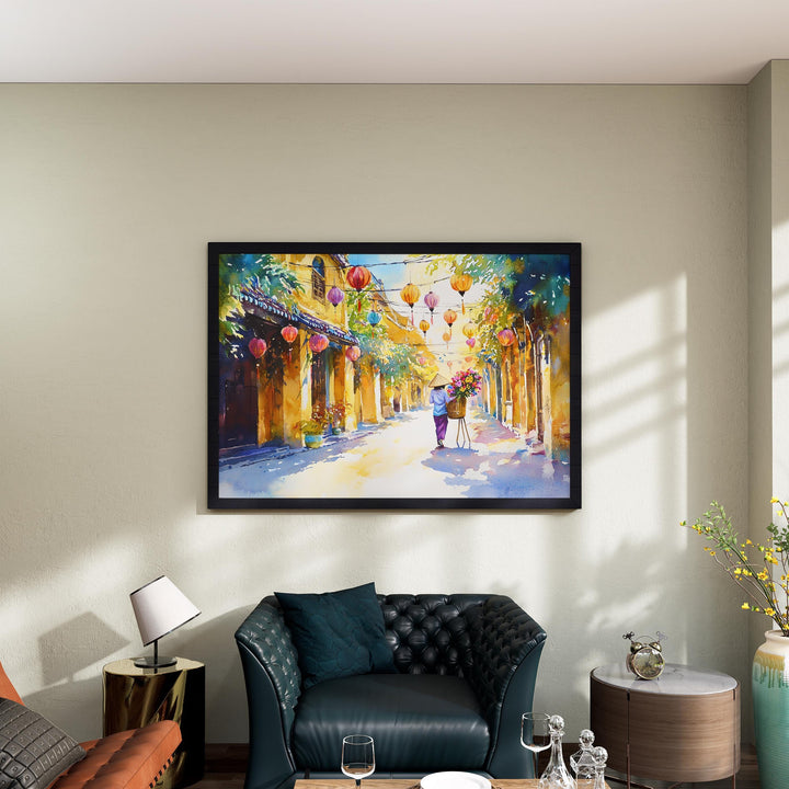 Hoi An Vietnam Watercolor Poster Hoi An Travel Print Lantern Street Painting Riverside Wall Art Asia Souvenir