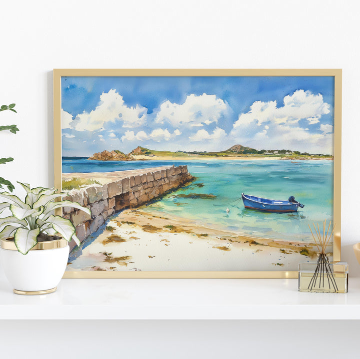 Isles of Scilly England Watercolor Poster Isles of Scilly Travel Print Coastal Island Painting Beach Wall Art UK Souvenir