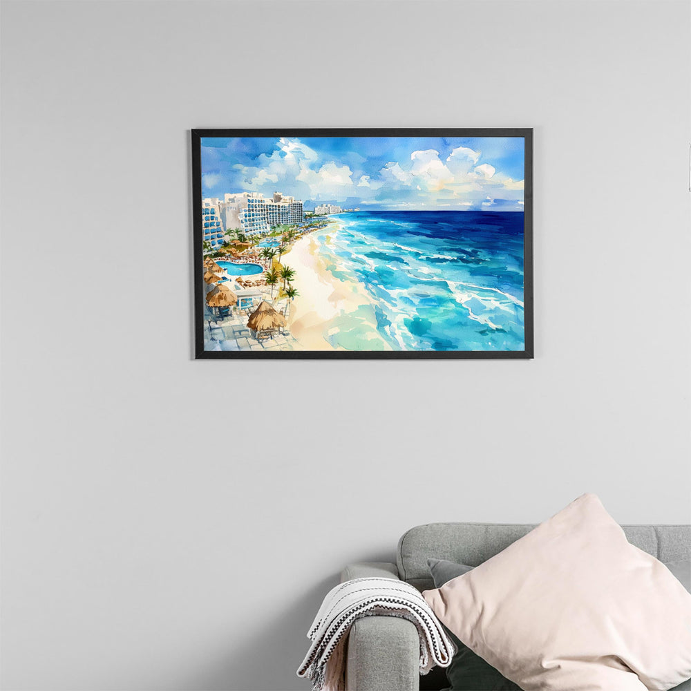 Cancún Mexico Watercolor Poster Cancún Travel Print Beach Landscape Painting Coastal Wall Art Caribbean Souvenir