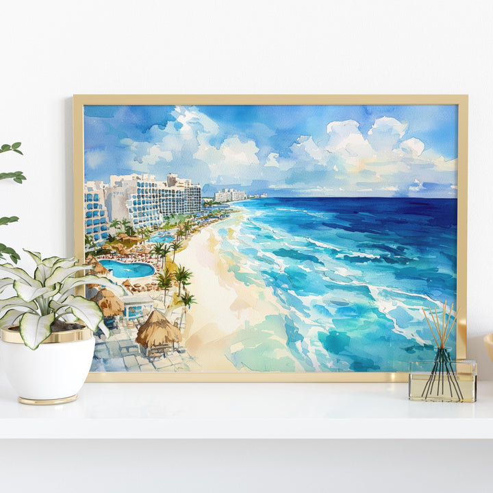 Cancún Mexico Watercolor Poster Cancún Travel Print Beach Landscape Painting Coastal Wall Art Caribbean Souvenir