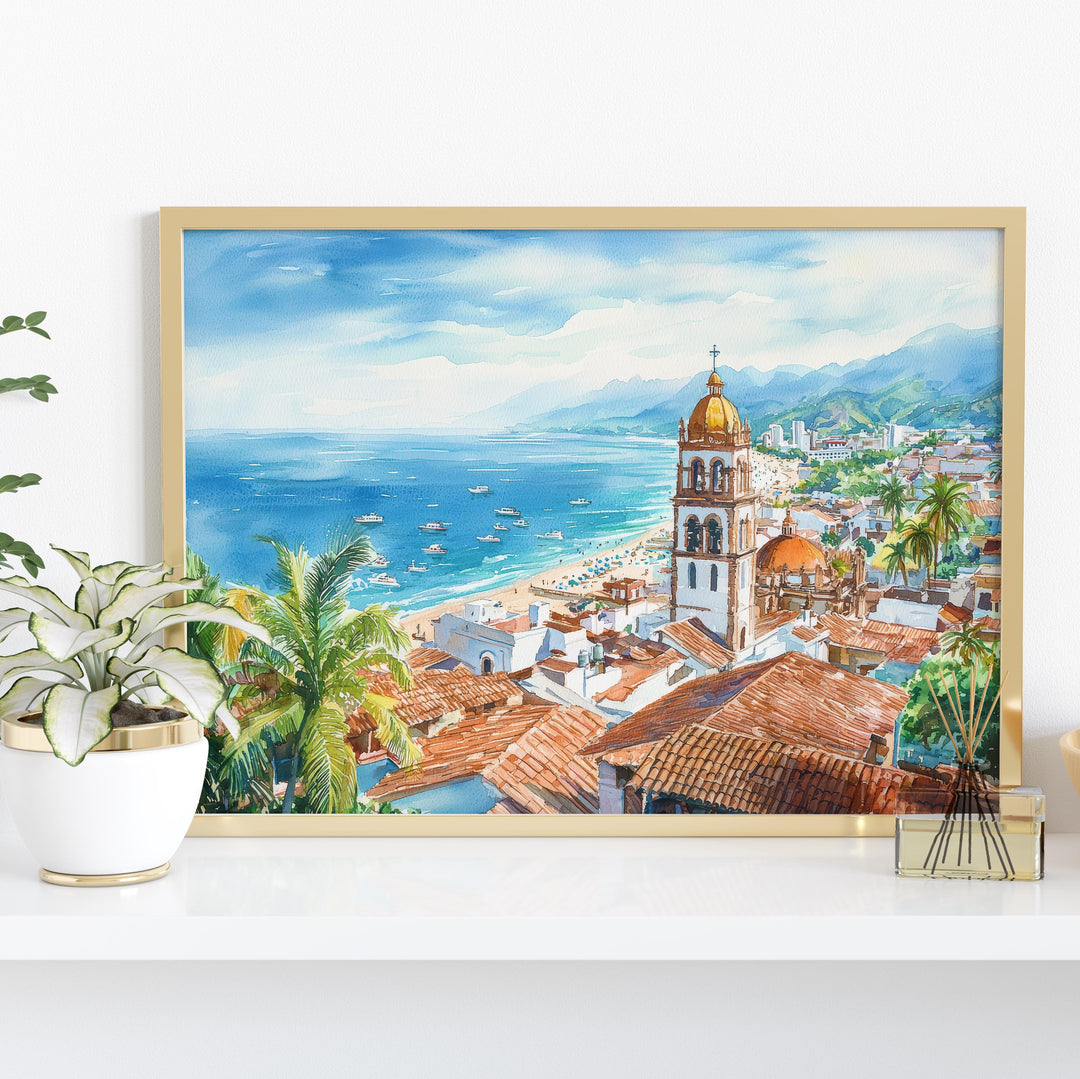 Puerto Vallarta Mexico Watercolor Poster Puerto Vallarta Travel Print Beach Landscape Painting Wall Art Pacific Coast Souvenir