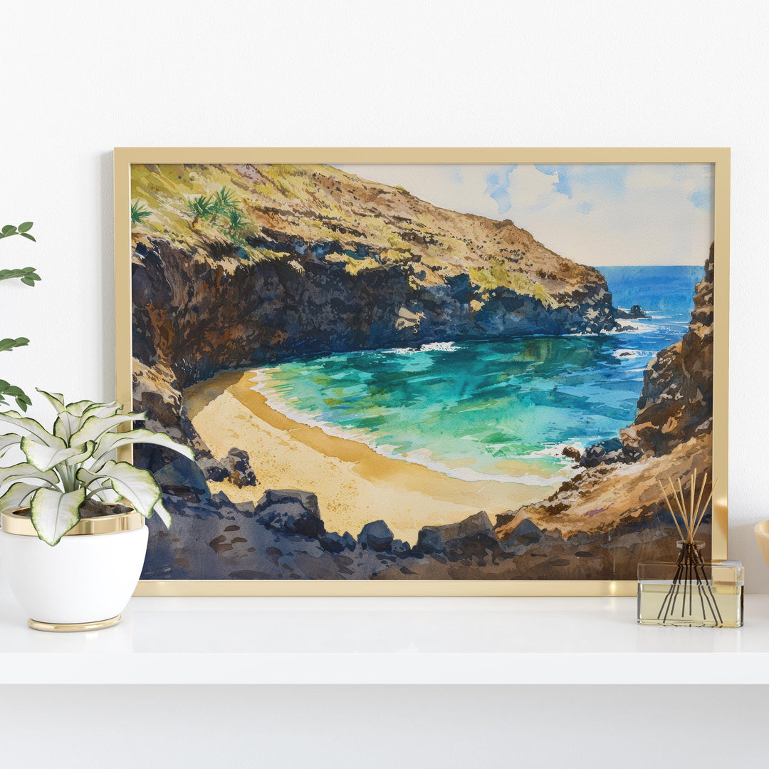 Green Sand Beach Hawaii Watercolor Poster Big Island Travel Print Coastal Landscape Painting Tropical Wall Art Souvenir
