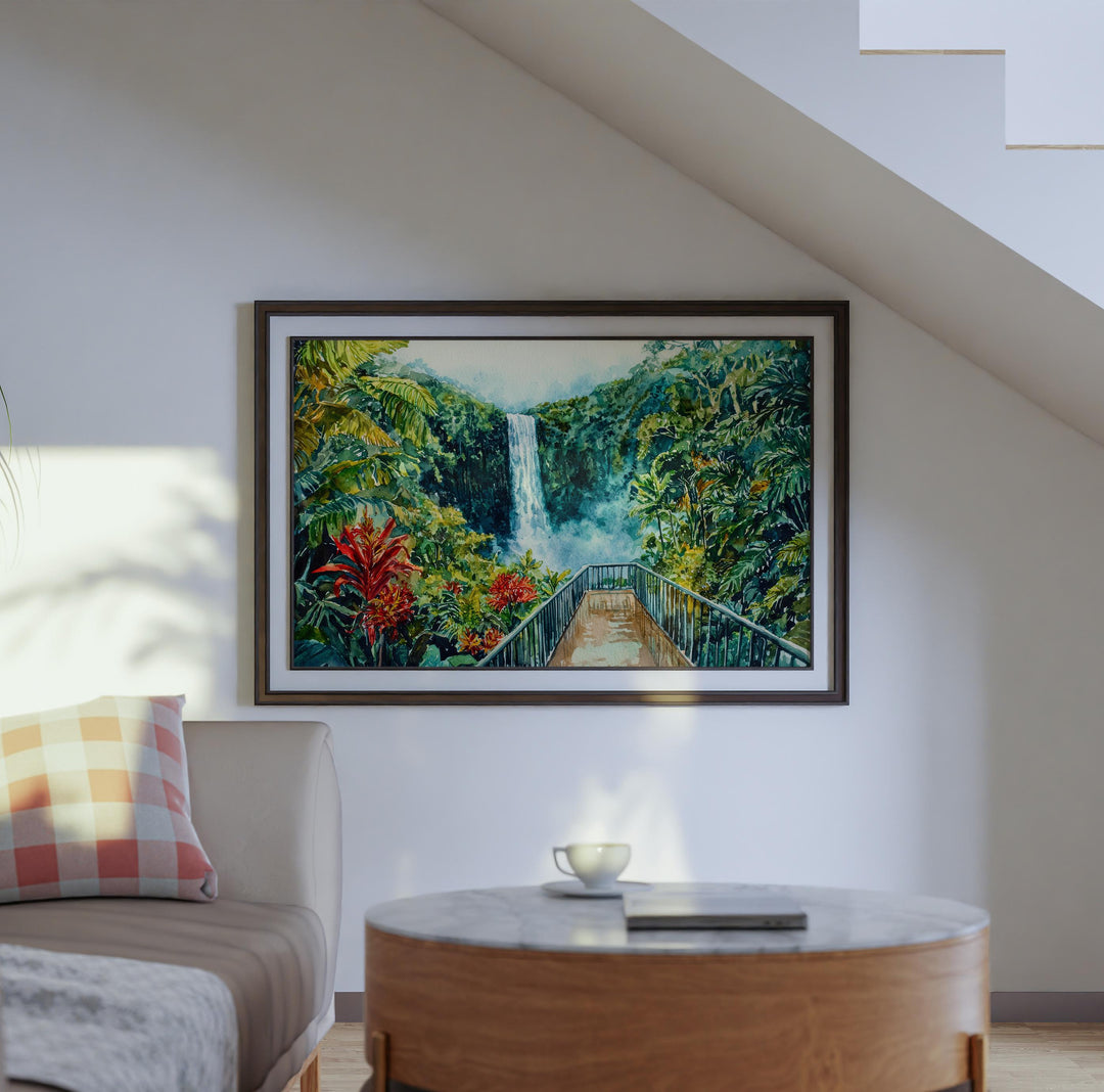 Akaka Falls State Park Hawaii Watercolor Poster Big Island Travel Print Waterfall Landscape Painting Tropical Wall Art Souvenir