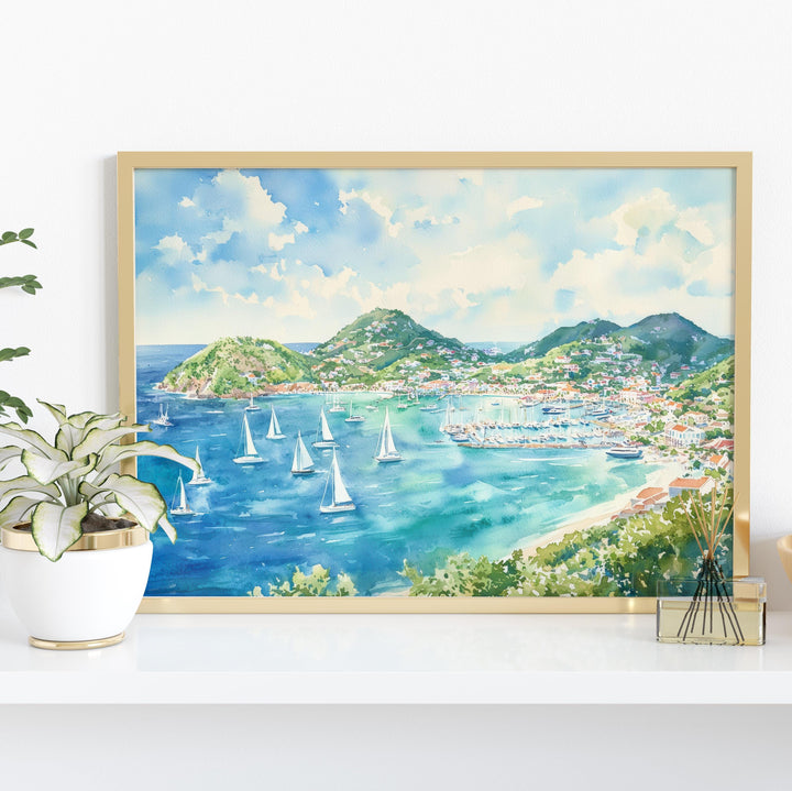 Saint Maarten Watercolor Poster Caribbean Travel Print Beach Landscape Painting Coastal Wall Art Island Souvenir