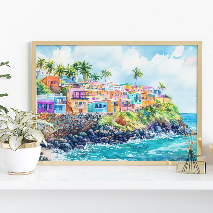 Puerto Rico Watercolor Poster Caribbean Travel Print Island Landscape Painting Coastal Wall Art Latin America Souvenir