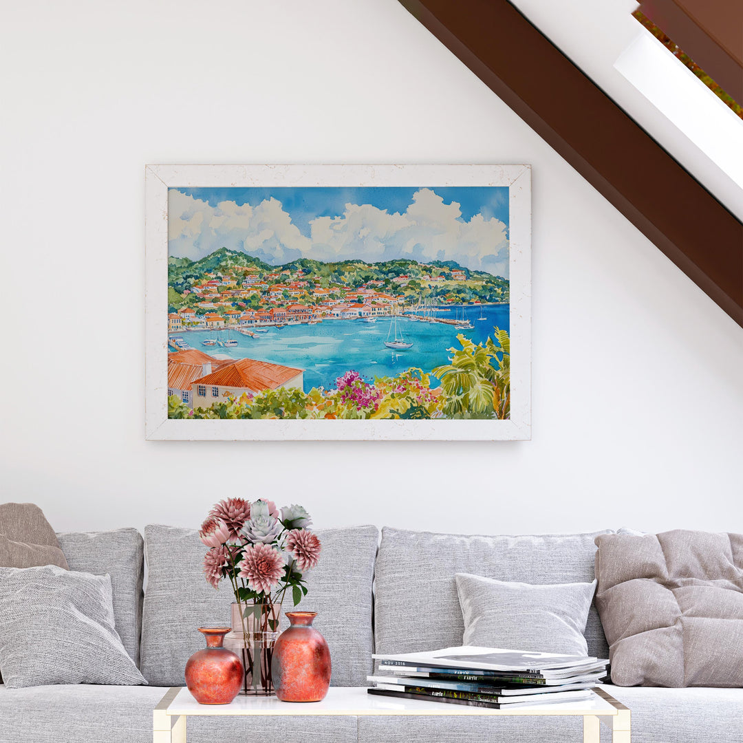 Grenada Watercolor Poster Caribbean Travel Print Island Landscape Painting Coastal Wall Art Tropical Souvenir