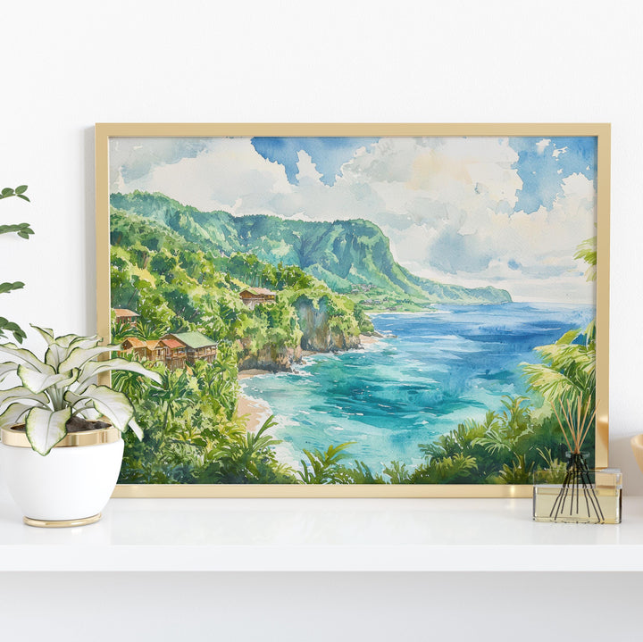 Dominica Watercolor Poster Caribbean Travel Print Island Landscape Painting Coastal Wall Art Tropical Souvenir